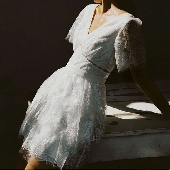 Self-Portrait Lace Mini Dress Rose Romantic Sequin Tiered White US 6 Cocktail